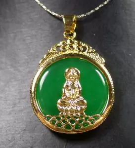 18KGP Gold Plated Guanyin Kwan-yin Buddha Blessing Green Jade Pendant Necklace - Picture 1 of 7