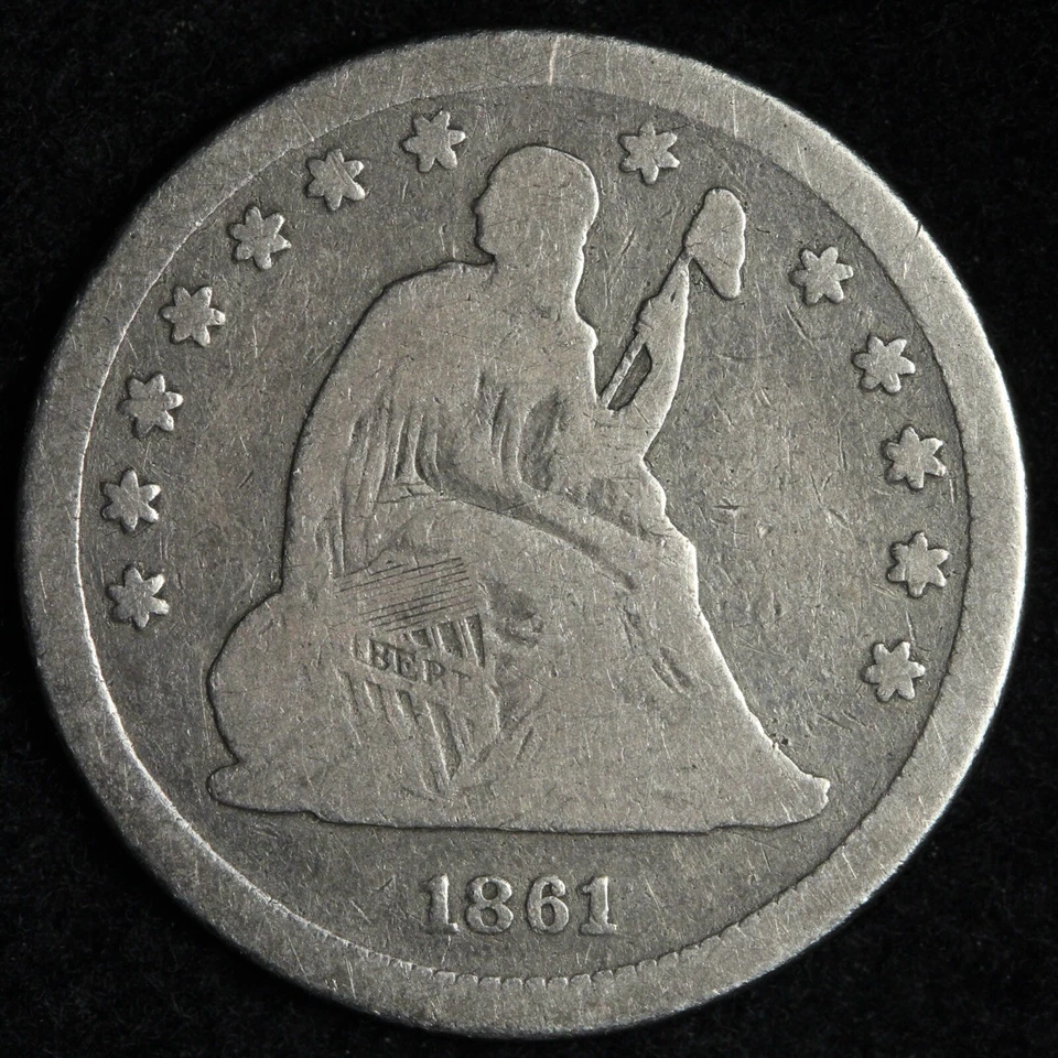 1861 Seated Liberty Silver Quarter VG+ E274 TWNA - Image 1 of 2