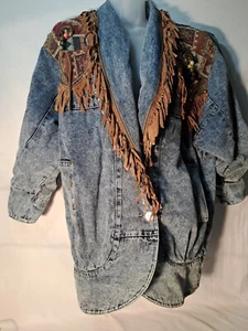 Vtg Designs Limited Aztec Southwestern Denim Fringe Jean Jacket Ladies Medium - Picture 1 of 15