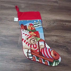 Needlepoint Weihnachtsstrumpf Teddybär fahrender Zug 18,5 Zoll - Bild 1 von 4