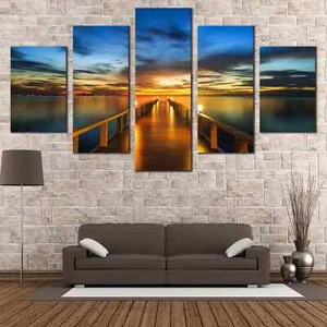 Sunset Pier Bliss Blue Sky Wooden Bridge Ocean 5 Piece Panel Canvas Wall Art - Picture 1 of 4