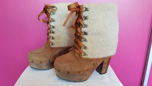 Stiefelette in Gr. 37, beige-braun, Wildleder, mit Fell, Holzsohle, -- N E U -- - Bild 1 von 3