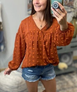 Swiss Dot Long Bubble Ballon Sleeve V-Neck Floaty Top Rust - Picture 1 of 9