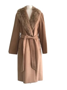 NWT 1,795 SOFIA CASHMERE BELTED GENUINE SHEARLING TRIM POCKETS COAT SIZE 10 - Picture 1 of 15