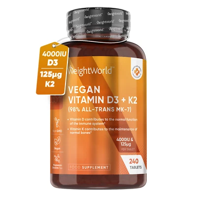 WEIGHTWORLD Vitamin D3 + K2 - 240 Tablets - 4000IU high dose - Immune system, bones & joints