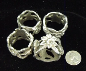 SET OF 4 FLORAL SEAGULL PEWTER NAPKIN RINGS  /  HOLDERS - Picture 1 of 2
