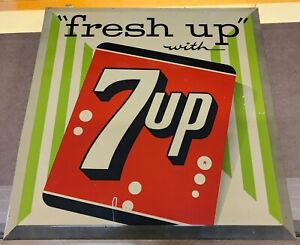 VINTAGE ANTIQUE SIGN / ENAMEL ON TIN / REFRESH UP 7UP / APP 13 INCHES SQUARE