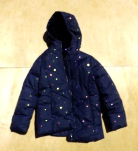Size Medium (7)  Girls Puffer Jacket ,Swiss Tech, Blue Rainbow Dots Winter - Picture 1 of 5