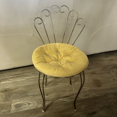 Vtg Mid Century Hollywood Regency Vanity Stool Chair Yellow Cushion Boudoir MCM - Image 1 of 4