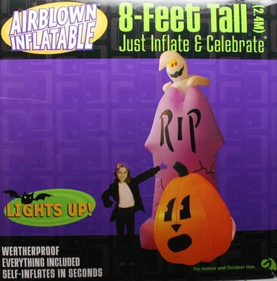 Gemmy Airblown Inflatable Lighted 8 Feet Tall RIP, Ghost  And Pumpkin - Image 1 of 4