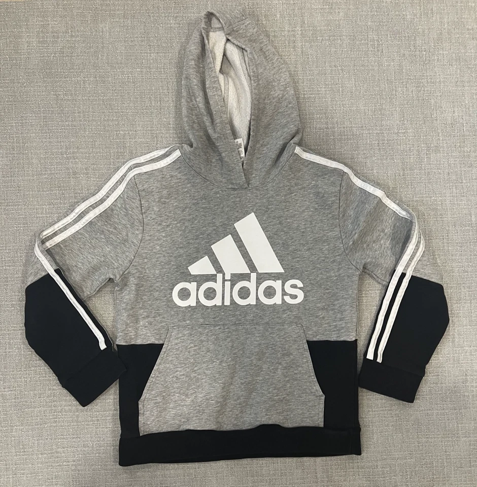 Adidas Hoodie Boys M 10-12 Gray Black and White Sweatshirt  3 Stripes Youth - Image 1 of 4