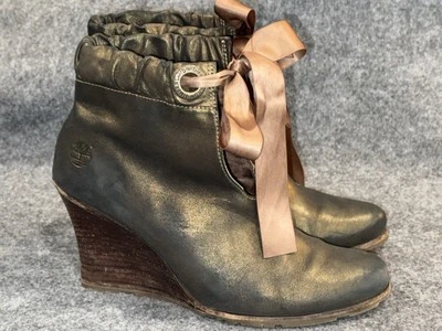 Timberland Cerradura Cuña Botines Zapatos 8.5 Cuero Oliva Oro Satinado Arco Foto 1 de 4