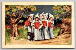 Halloween Postcard Children in Ghost Costumes with Pumpkins Whitney WH43 - Foto 1 di 2