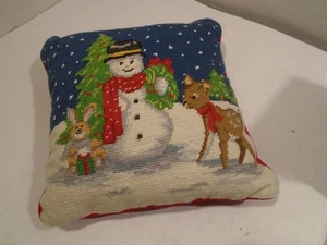 Wool Crewel Embroidered Winter Snowman accent Pillow 13"x13" zippered removable - Picture 1 of 2