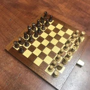 New Open Box Travel Magnetic Wood Mini Chess Set With Solid Board 7-3/8”x7-3/8” - Picture 1 of 15