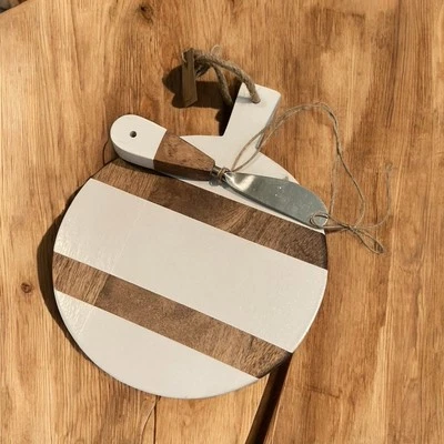 Mud Pie White Brown Mango Wood Charcuterie Cheese Board Stainless Steel Spreader - Image 1 of 4