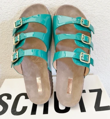 NUEVO EN CAJA Sandalias Schutz Maiara de charol con hebilla para mujer 36 EE. UU. 5 verde azulado Foto 1 de 4