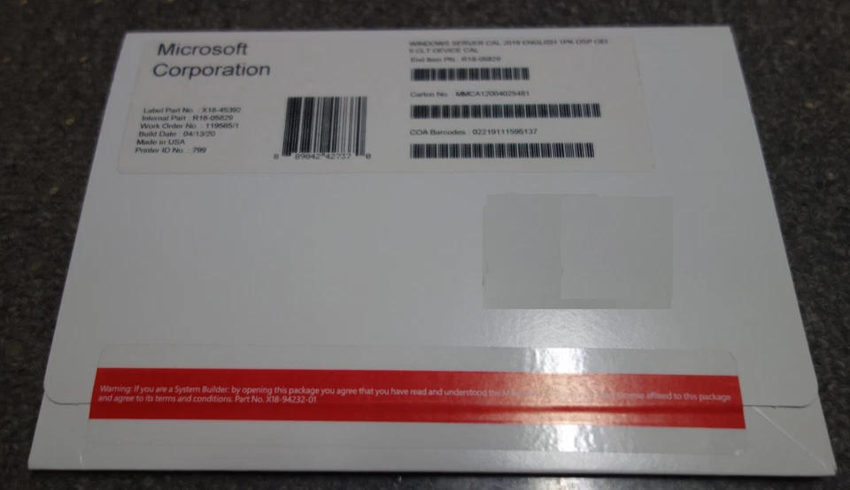 Microsoft R18-05829 Windows Server 2019 Cal English 1pk DSP OEI 5 CLT Device