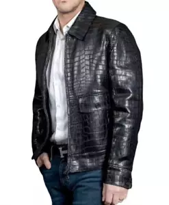 Herren Schwarz Krokodil Prägung Echt Leder Jacke Biker Alligator Print Jacket - Bild 1 von 5