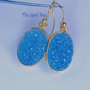18K Solid Yellow Gold Finest Blue Aquamarine Carved Floral Earrings Ear Pendant - Picture 1 of 9