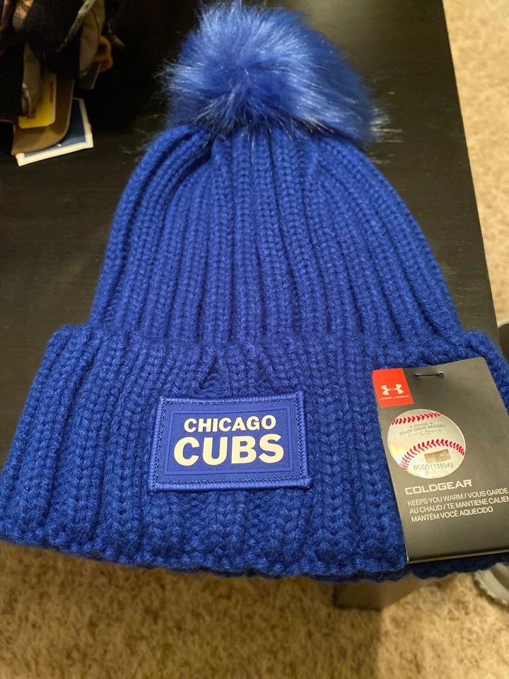 Womens Under Armour ColdGear MLB Chicago Cubs Beanie Pom Blue
