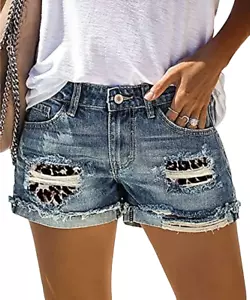 Pantalon hellblaue Jeansshorts Distressed Leopardenakzent Größe M - Bild 1 von 1