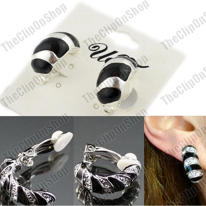 CLIP ON non-pierced SILVER/GOLD PLAIN/STONES HUGGIE EARRINGS curved half hoops - image 1 of 1