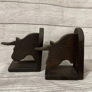 BOOKENDS - " WALL STREET"  BULL AND BEAR BOOKENDS - BOOK ENDS - BRASS & WOOD - Picture 1 of 3