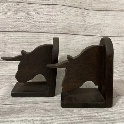 BOOKENDS - " WALL STREET"  BULL AND BEAR BOOKENDS - BOOK ENDS - BRASS & WOOD - Image 1 of 3