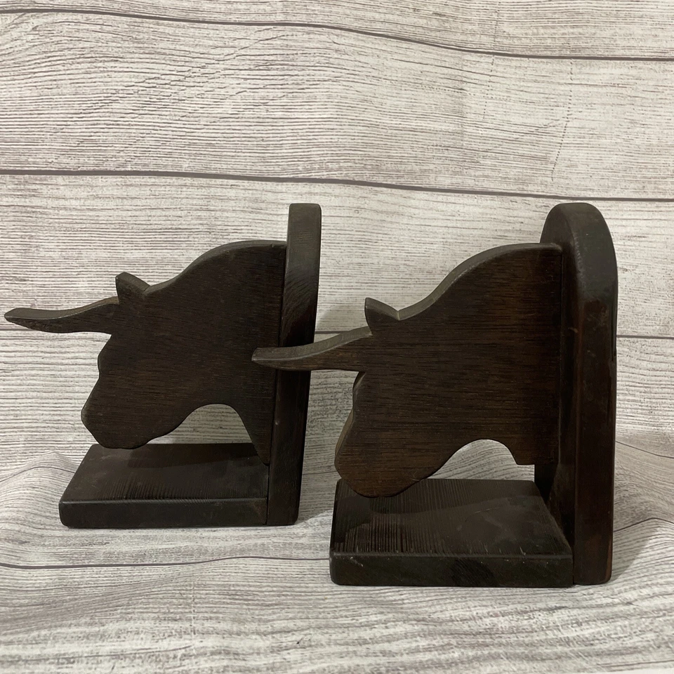BOOKENDS - " WALL STREET"  BULL AND BEAR BOOKENDS - BOOK ENDS - BRASS & WOOD - Image 1 of 3