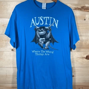 T-shirt blu Gildan unisex taglia media tema Austin "Dove sono le cose strane" - Foto 1 di 9