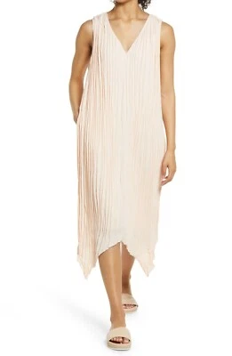 NORDSTROM Beige Pleated Georgette V-Neck Asymmetric Midi Cocktail Dress XS = 0/2 - Image 1 of 4