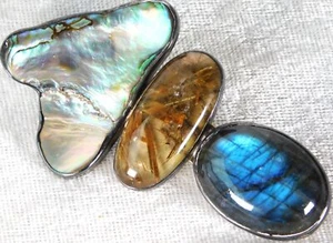 Vintage Rebecca Collins Sterling Silver Mop Rutilated Quartz Labradorite Brooch - Picture 1 of 11