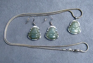 Parure Bouddhas pendentif et boucles d'oreilles oreilles percées argent et jade - Imagen 1 de 13