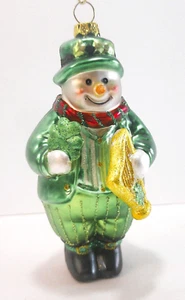 Vintage Glas Weihnachtsschmuck irischer Schneemann in grün mit Harfe und Kleeblatt - Bild 1 von 10