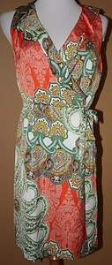 Abito Tommy Hilfiger arancione multi verde art deco avvolgente nuovo con etichette M con volant - Foto 1 di 8