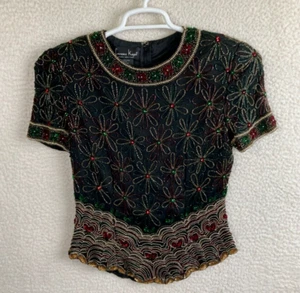 Vintage Laurence Kazar S Seide Pailletten Top rot grün Blumen Weihnachten Urlaub Shirt - Bild 1 von 8