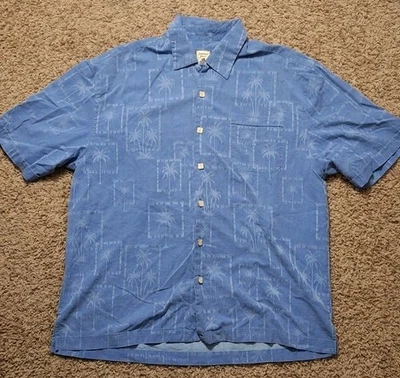 Рубашка мужская Jamaica Jaxx очень большая синяя 100% шелк с коротким рукавом деревянные пуговицы - Изображение 1 из 4