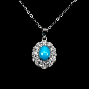 925 Sterling Silver Necklace Oval Turquoise 7x5mm Natural Gemstone Jewelry 18in - Picture 1 of 13