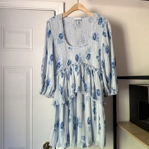 GANNI blue floral puff 3/4 sleeve smocked crinkle wrinkle tiered mini dress - Picture 1 of 8