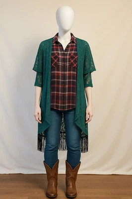 Cárdigan kimono de encaje verde pequeño boho LulaRoe para mujer flecos transparentes Foto 1 de 4