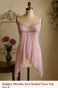 Top túnica camisola con cuentas de seda Badgley Mischka talla 8 rosa lavanda transparente Y2K - Imagen 1 de 9