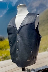 Harley Davidson Men Basic Leather Snap Vest Large Black Vintage 90s USA Made - Picture 1 of 9