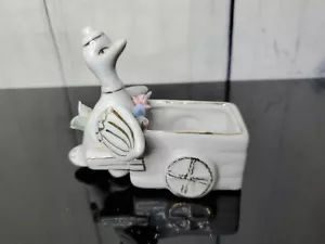  Vintage Bird Sewing Pin Cushion White Ceramic Pushing Cart Gold Accents Planter - Picture 1 of 12