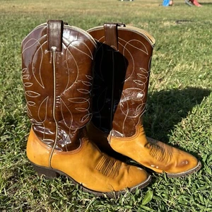 Rare Nocona Justin Patent Leather Cowboy Boots Mens 9.5 D Glossy Brown Tan - Picture 1 of 14
