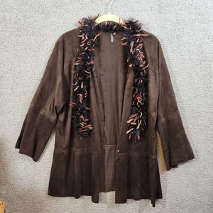 KAKTUS Women's Med jacket Open cardigan Brown Suede Long Sleeve W Attached Scarf - Picture 1 of 5