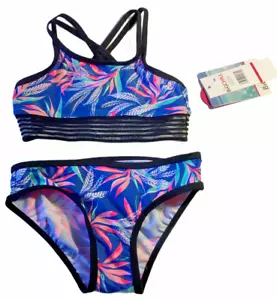 Big Chill 2 Piece Strappy Swim Suit UV 50 Girl Size 4 Blue Pink Black Tropical - Picture 1 of 7