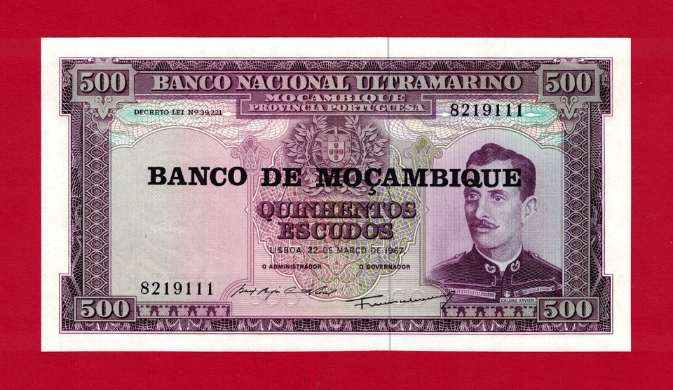 7-Digits # 500 ESCUDOS 1967-1976 MOZAMBIQUE UNC OVERPRINT NOTE P-118a.1 on P-110 - Image 1 of 2
