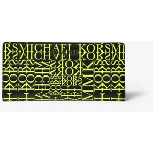 MICHAEL KORS BLACK,NEON YELLOW GREEN NEWSPRINTS LOGO LEATHER WALLET + CARD CASE - Picture 1 of 3