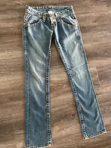 True Religion USA Blue Jeans Button fly Low Straight Blue Suspender buttons 27 - Picture 1 of 5